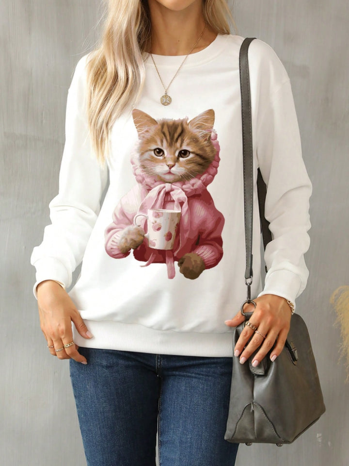 Cat Round Neck Long Sleeve Sweatshirt | Trendsi