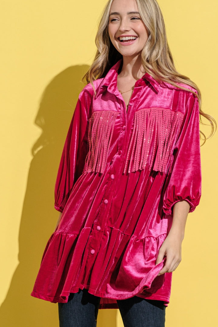 And The Why Fringe Detailed Velvet Shirt Dress | Trendsi