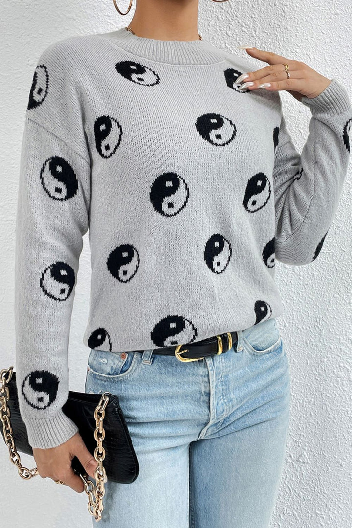 Graphic Mock Neck Dropped Shoulder Sweater | Trendsi