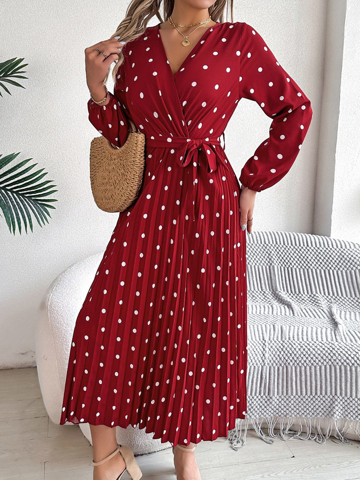 Tied Polka Dot Long Sleeve Midi Dress | Trendsi