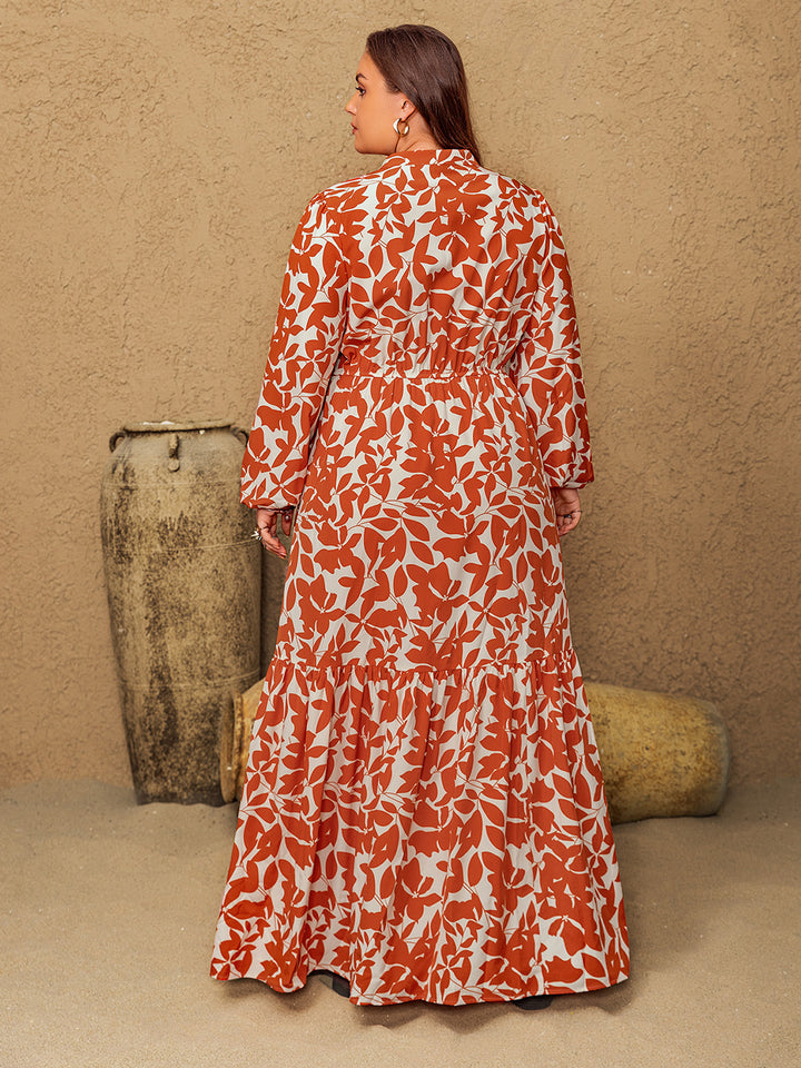 Plus Size Printed Notched Long Sleeve Maxi Dress | Trendsi