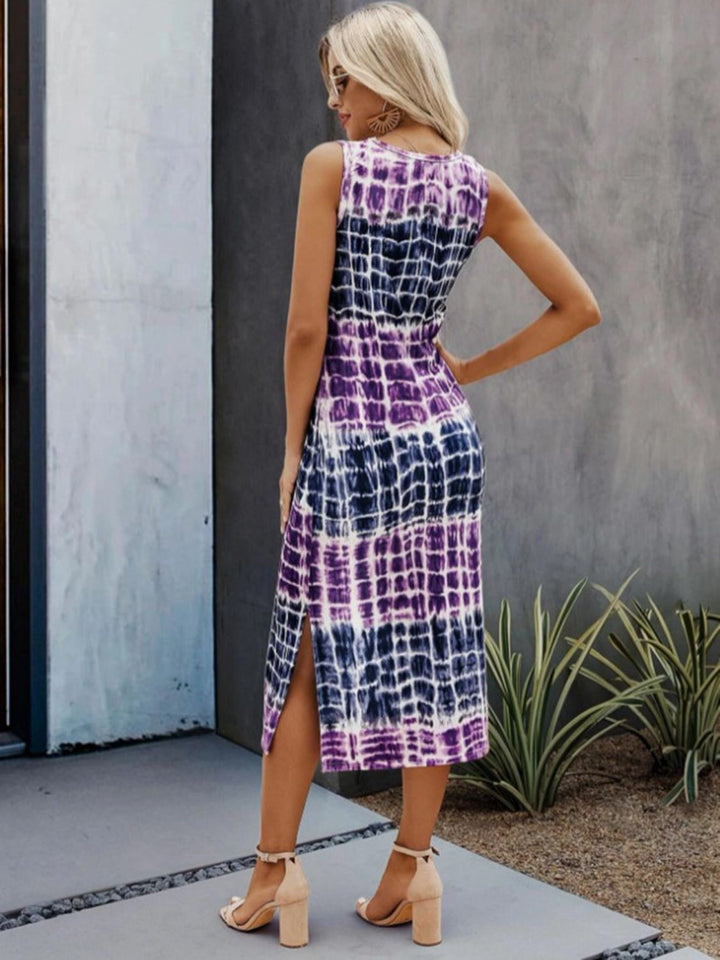 Slit Printed Round Neck Sleeveless Dress | Trendsi