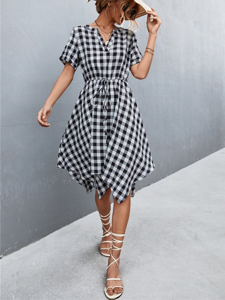 Plaid Notched Short Sleeve Dress | Trendsi