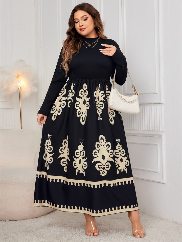 Plus Size Printed Mock Neck Long Sleeve Dress | Trendsi