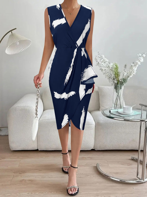 Printed Surplice Sleeveless Knee Length Dress | Trendsi