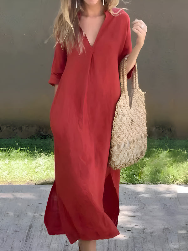 Full Size Notched Half Sleeve Midi Dress | Trendsi