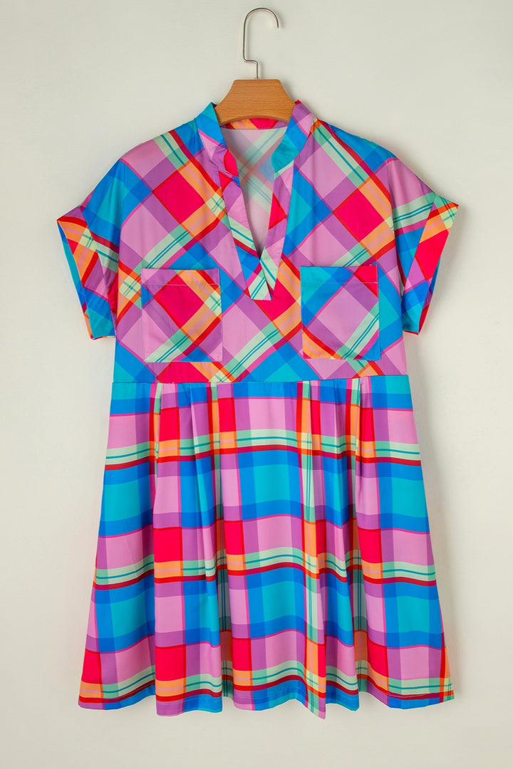 Plaid Notched Short Sleeve Mini Dress | Trendsi