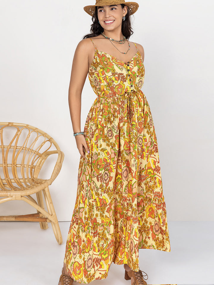 Plus Size Printed V-Neck Maxi Cami Dress | Trendsi