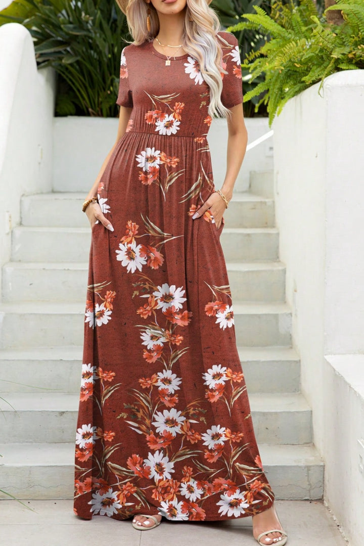 Printed Round Neck Short Sleeve Maxi Dress | Trendsi