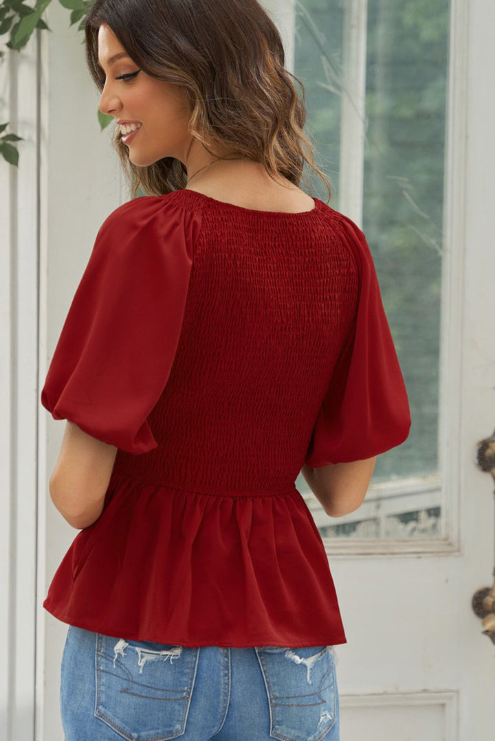 Smocked Balloon Sleeve Peplum Blouse | Trendsi