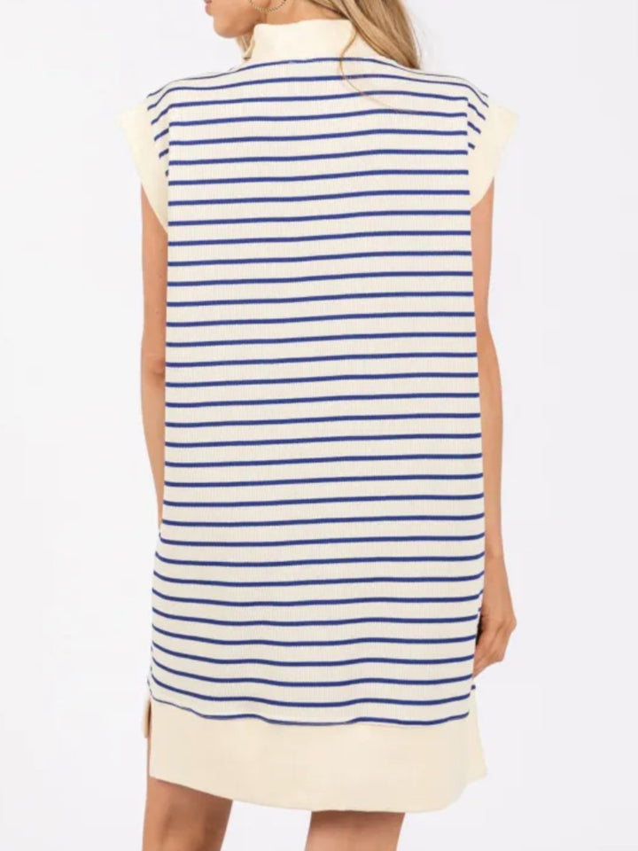 Full Size Pocketed Striped Quarter Zip Cap Sleeve Dress | Trendsi