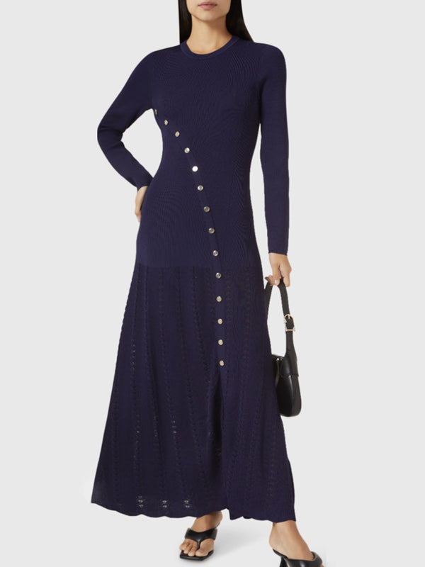 Openwork Round Neck Long Sleeve Sweater Dress | Trendsi