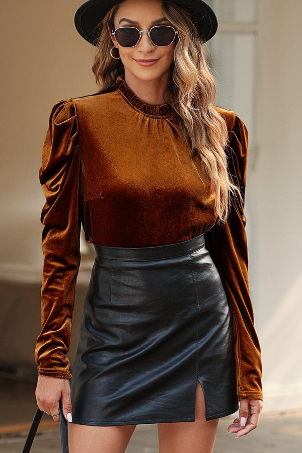 Round Neck Puff Sleeve Velvet Blouse | Trendsi