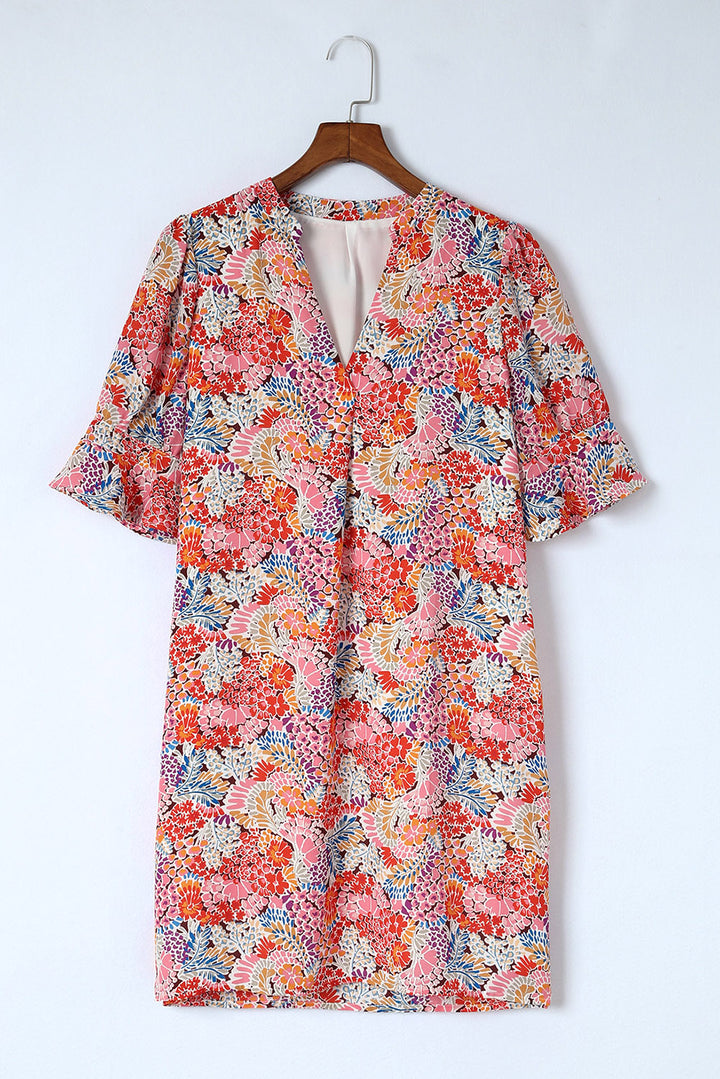 Floral Notched Neck Flounce Sleeve Shift Dress | Trendsi