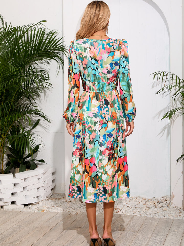 Printed Surplice Long Sleeve Midi Dress | Trendsi