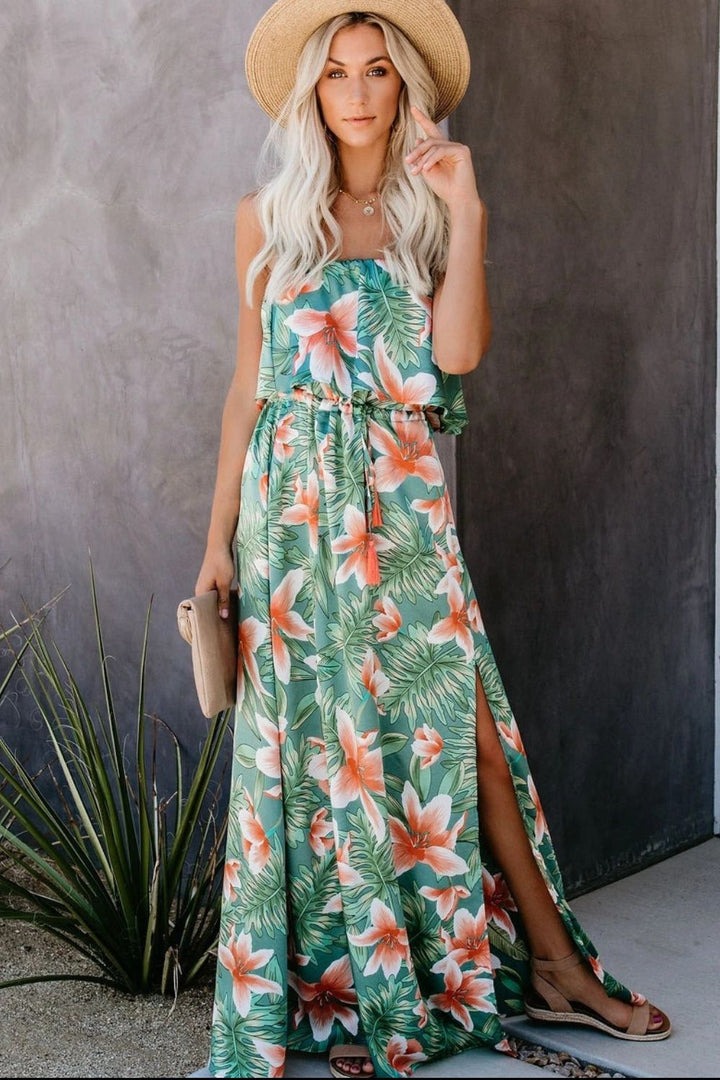 Slit Tropical Sleeveless Tube Dress | Trendsi