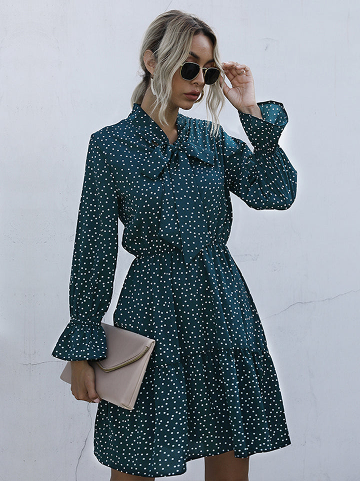 Perfee Polka Dot Tie Neck Long Sleeve Dress | Trendsi