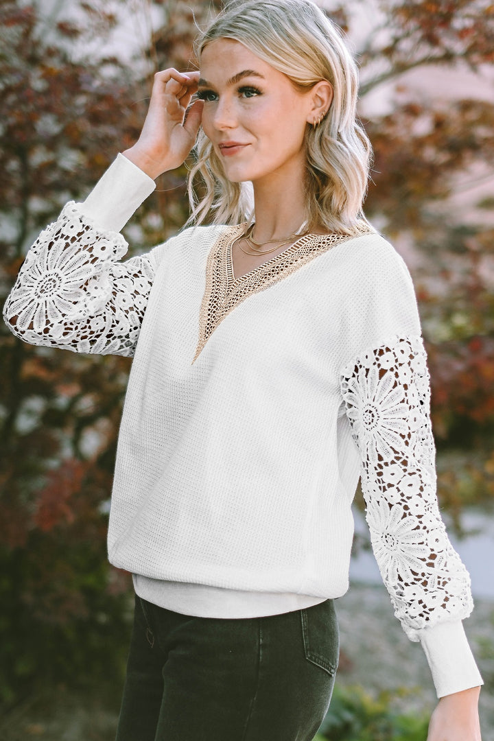 V-Neck Crochet Long Sleeve Blouse | Trendsi