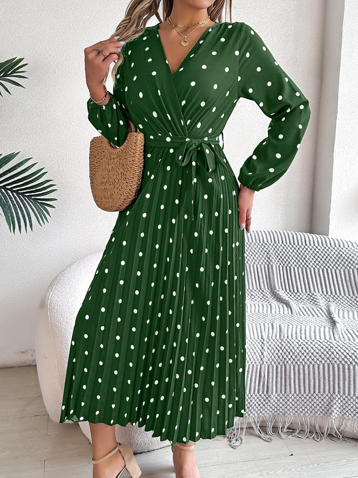 Tied Polka Dot Long Sleeve Midi Dress | Trendsi