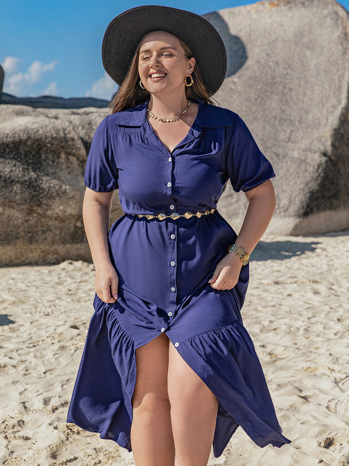 Plus Size Collared Neck Short Sleeve Midi Dress | Trendsi