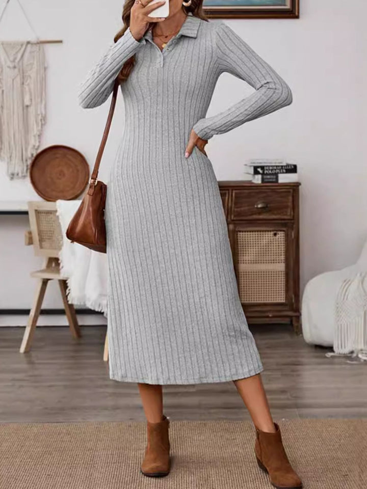 Collared Neck Long Sleeve Midi Dress | Trendsi