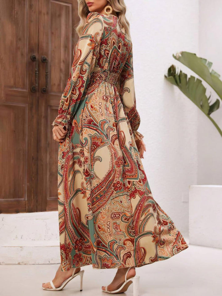 Smocked Printed V-Neck Flounce Sleeve Dress | Trendsi