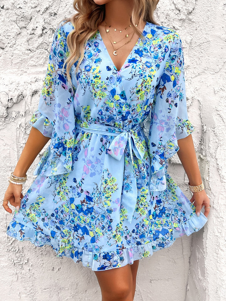 Ruffled Printed Surplice Half Sleeve Mini Dress | Trendsi