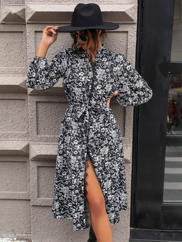 Lace Detail Printed Long Sleeve Midi Dress | Trendsi