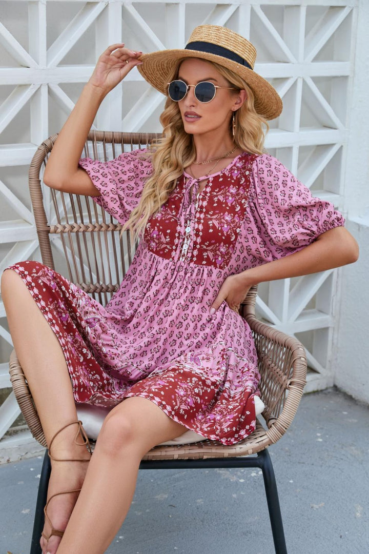 Printed Tie Neck Half Sleeve Dress | Trendsi