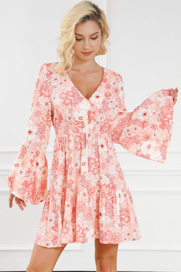 Smocked Printed Flare Sleeve Mini Dress | Trendsi