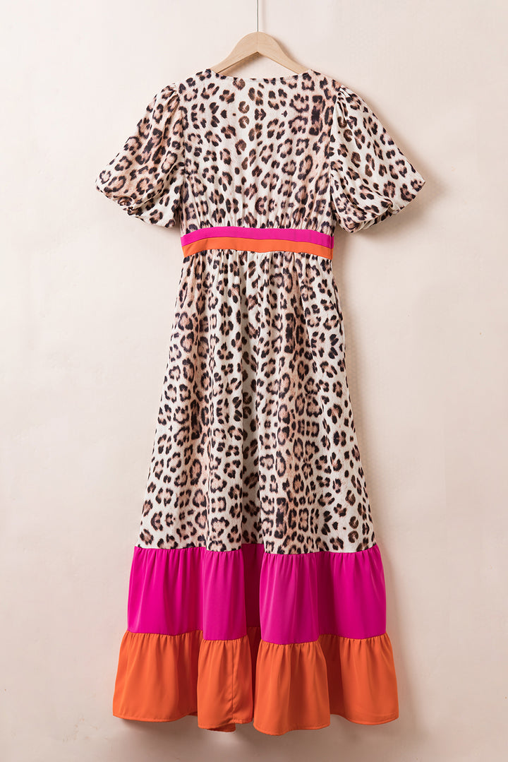 Full Size Leopard V-Neck Half Sleeve Maxi Dress | Trendsi