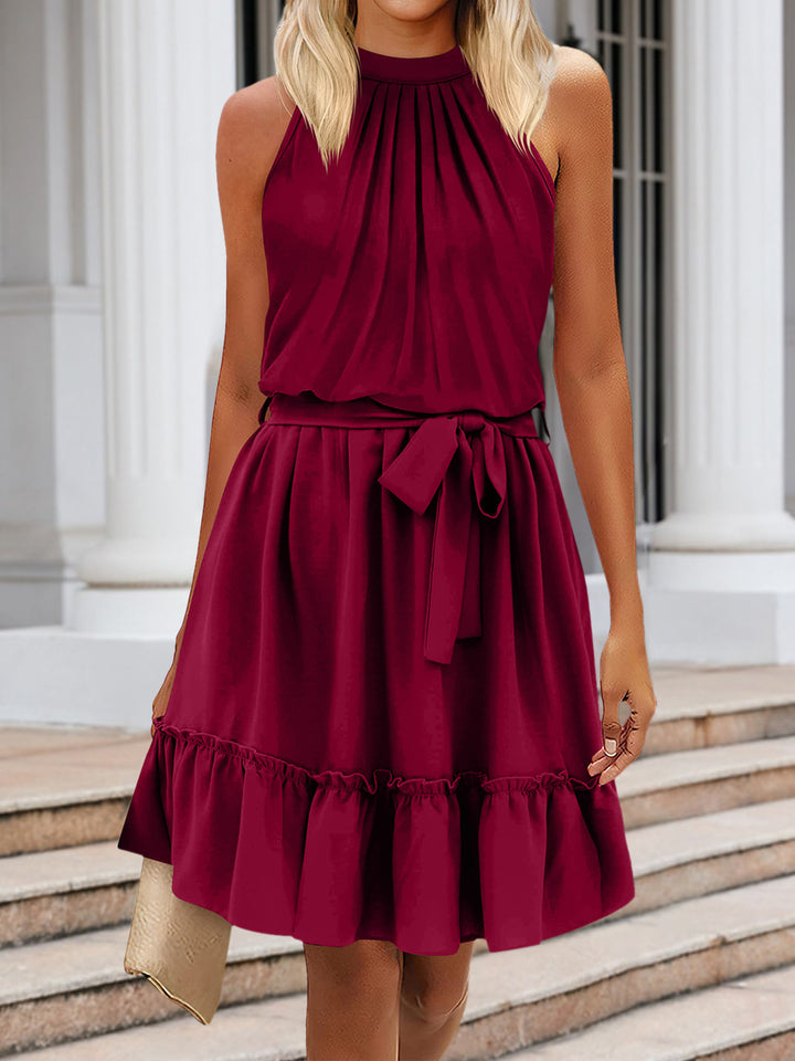 Ruched Grecian Neck Tie Waist Mini Dress | Trendsi