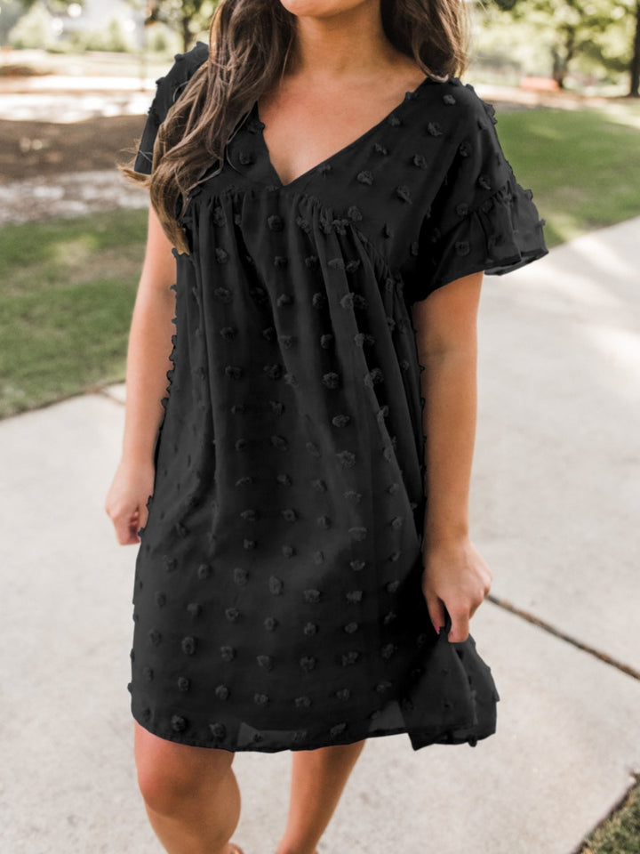 Swiss Dot V-Neck Short Sleeve Mini Dress | Trendsi