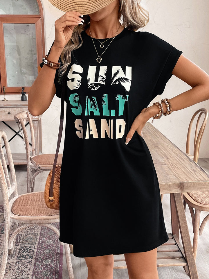 Letter Graphic Round Neck Short Sleeve Mini Tee Dress | Trendsi