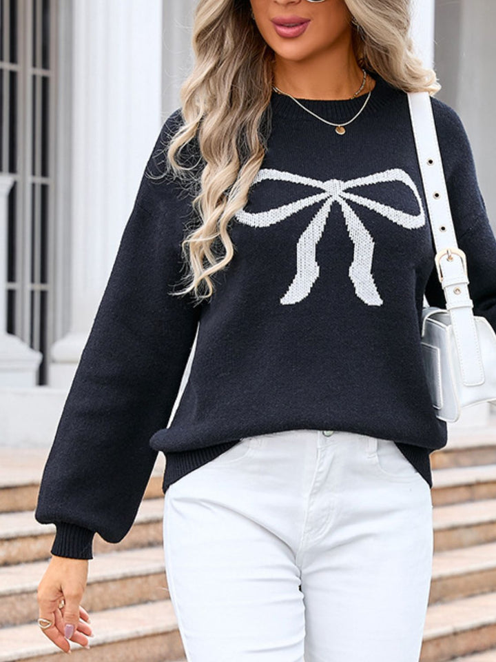 Angel Wings Bow Graphic Round Neck Long Sleeve Sweater | Trendsi