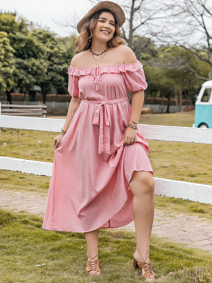 Plus Size Plaid Off-Shoulder Short Sleeve Midi Dress | Trendsi