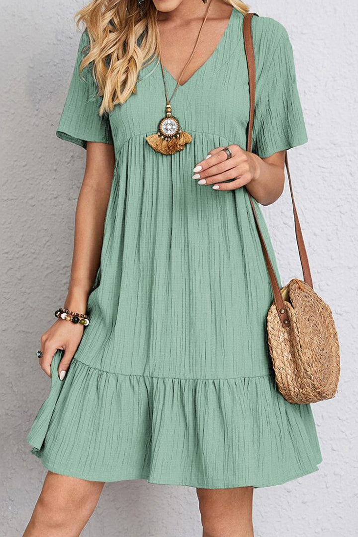 Full Size Ruched V-Neck Short Sleeve Dress | Trendsi