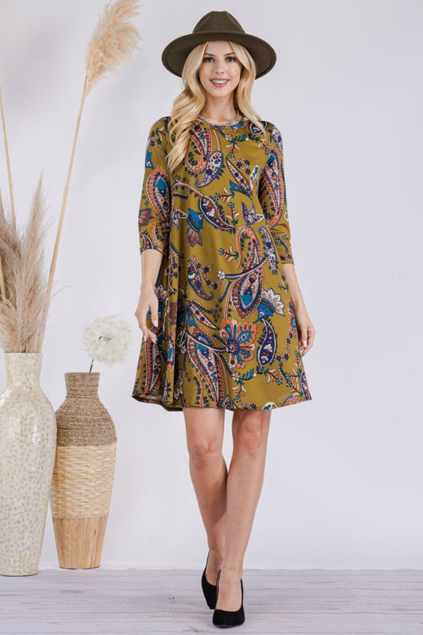 Celeste Full Size Paisley Print Round Neck Dress with Pockets | Trendsi