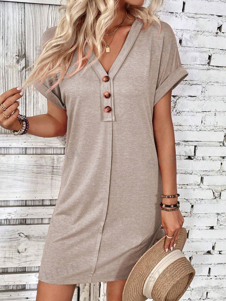 Quarter Button V-Neck Short Sleeve Dress | Trendsi