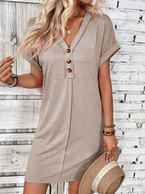 Quarter Button V-Neck Short Sleeve Dress | Trendsi