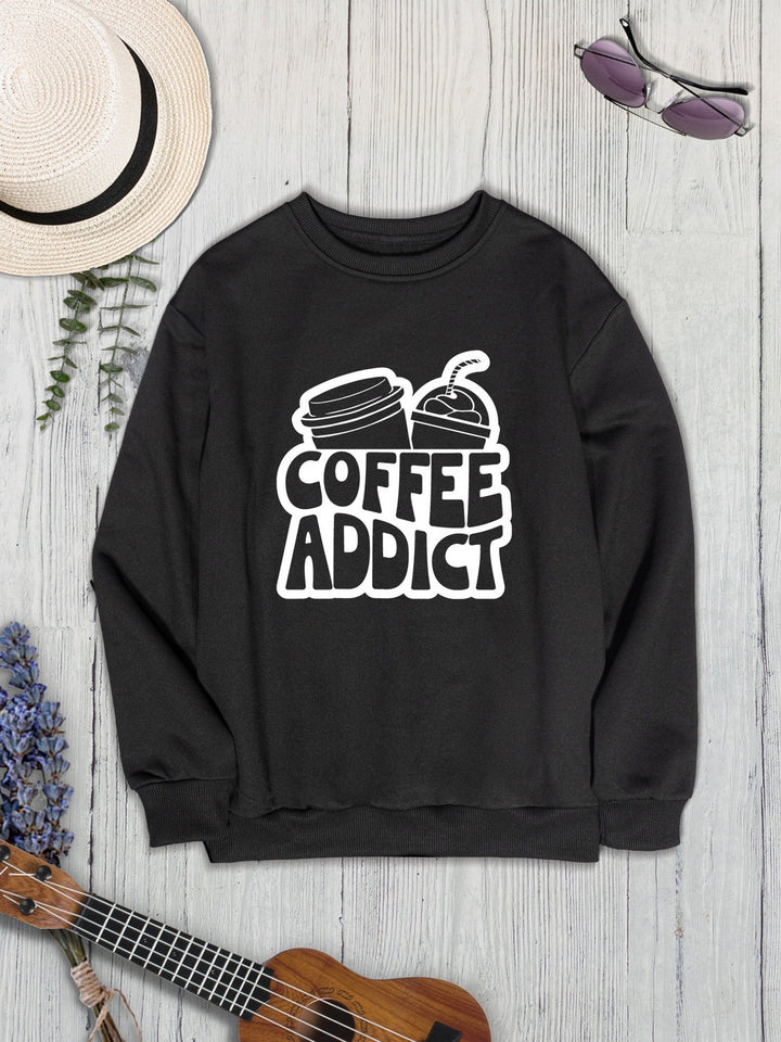 COFFEE ADDICT Round Neck Dropped Shoulder Sweatshirt | Trendsi