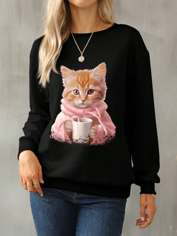 Cat Round Neck Long Sleeve Sweatshirt | Trendsi