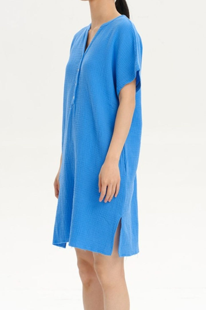 Slit Notched Short Sleeve Mini Dress | Trendsi