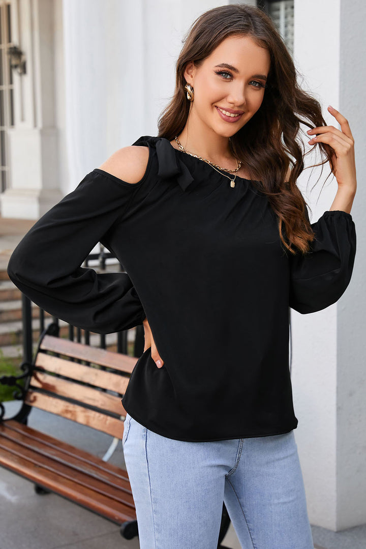 Double Take Tied Asymmetrical Neck Cold-Shoulder Blouse | Trendsi