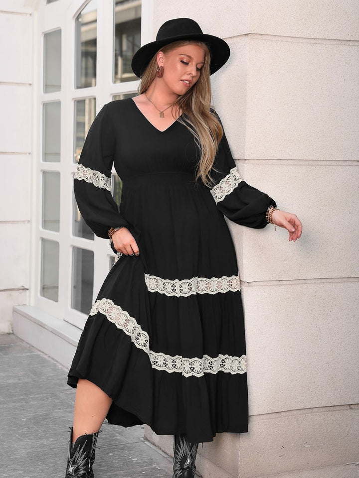 Plus Size Lace Detail V-Neck Long Sleeve Midi Dress | Trendsi