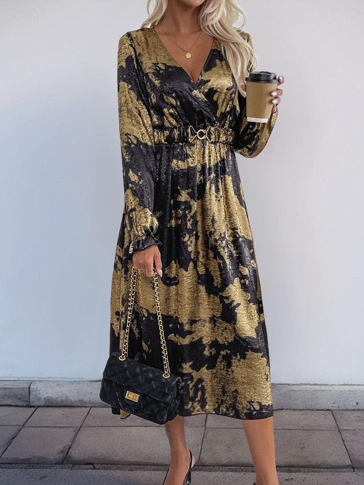 Perfee Printed Surplice Long Sleeve Midi Dress | Trendsi