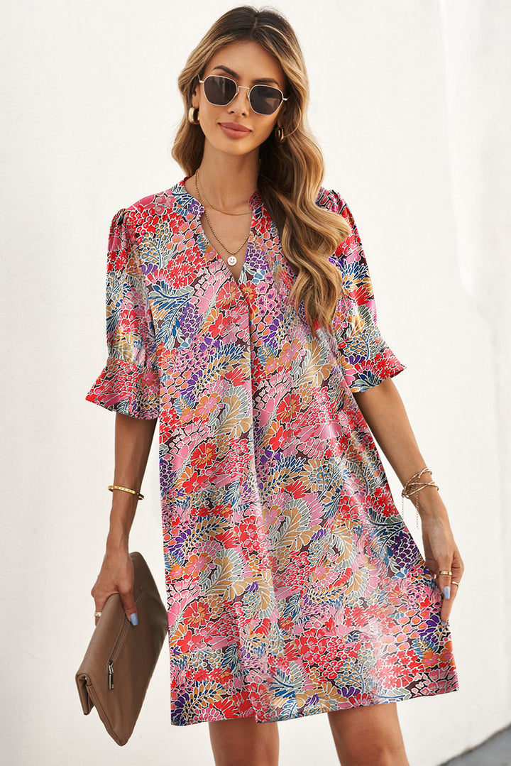 Floral Notched Neck Flounce Sleeve Shift Dress | Trendsi