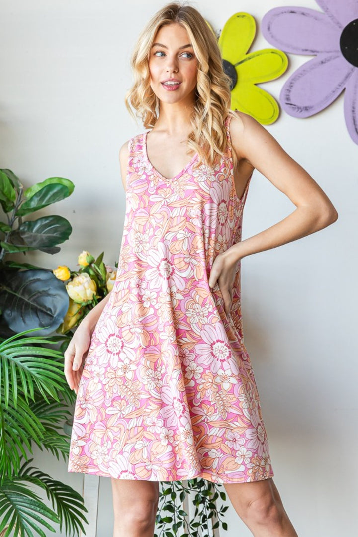 Heimish Full Size Floral V-Neck Tank Dress with Pockets | Trendsi