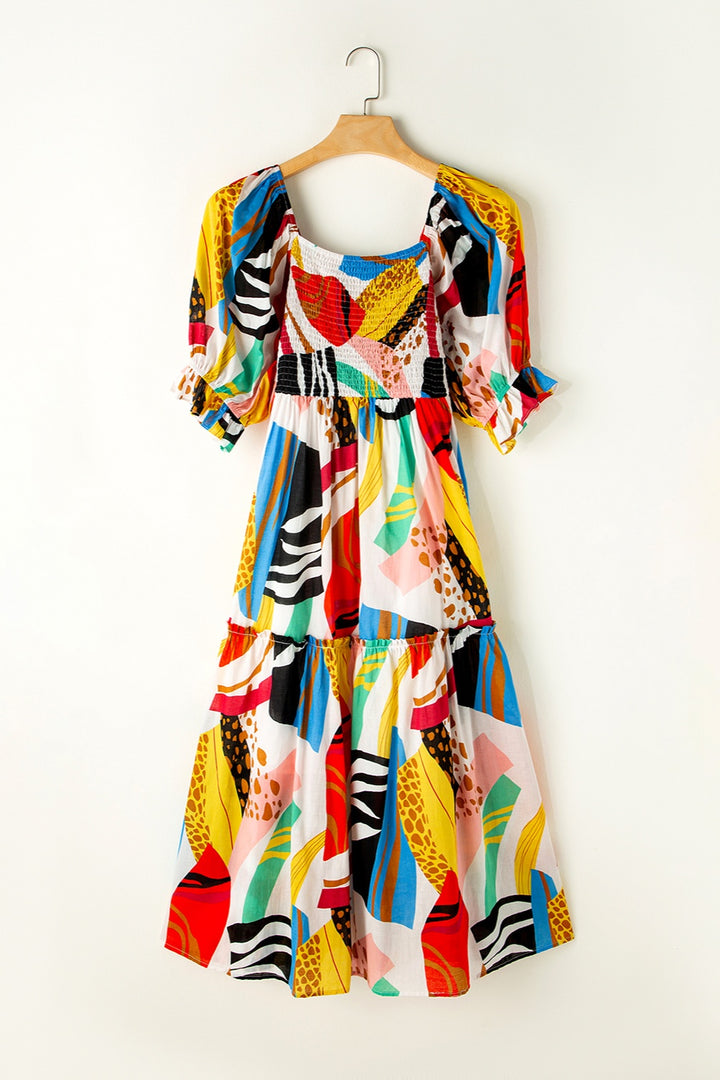 Printed Square Neck Short Sleeve Midi Dress | Trendsi