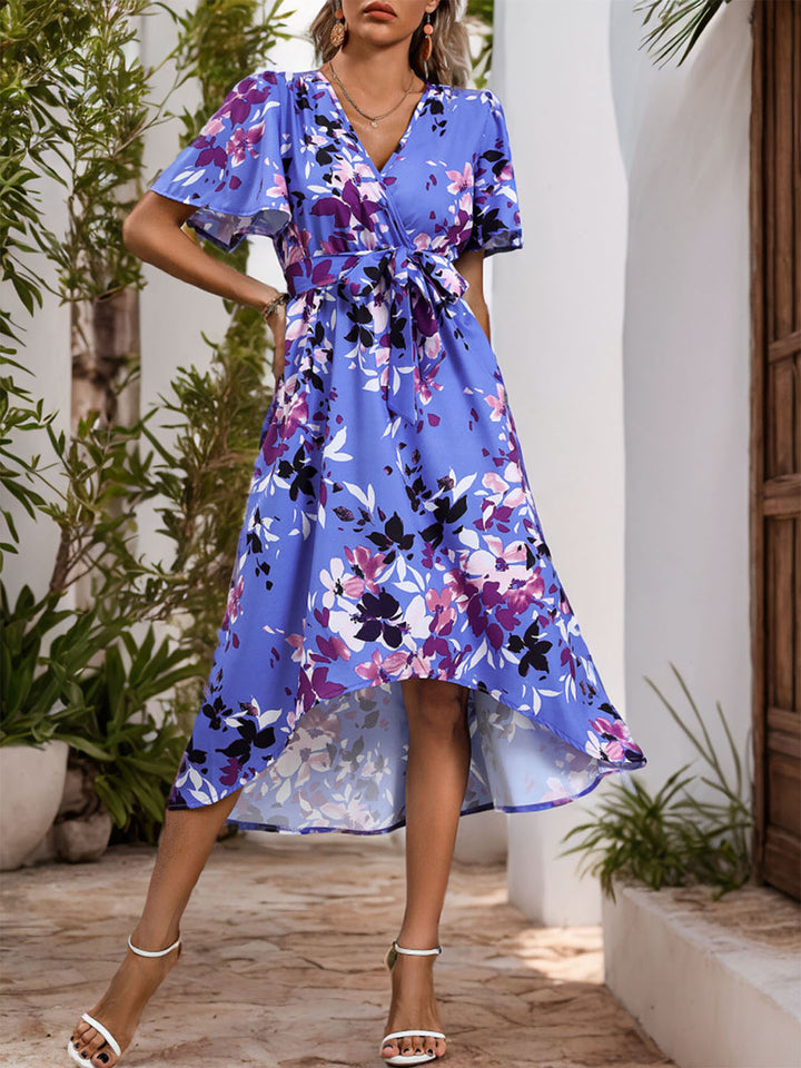 High-Low Printed Surplice Short Sleeve Midi Dress | Trendsi